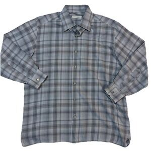 ERMENEGILDO ZEGNA Men's Blue Plaid Large Button Up Long Sleeve Dress Shirt